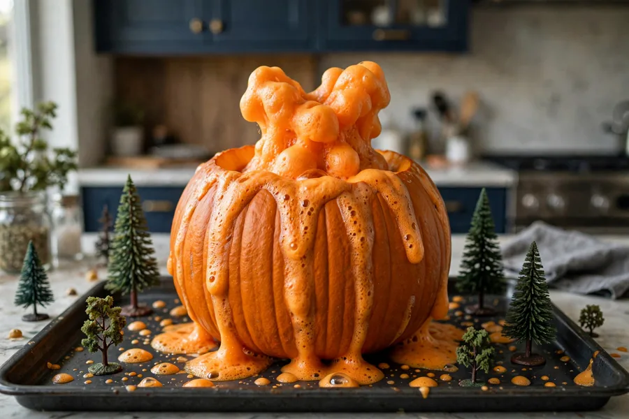 Foaming pumpkin volcano on a kitchen tray