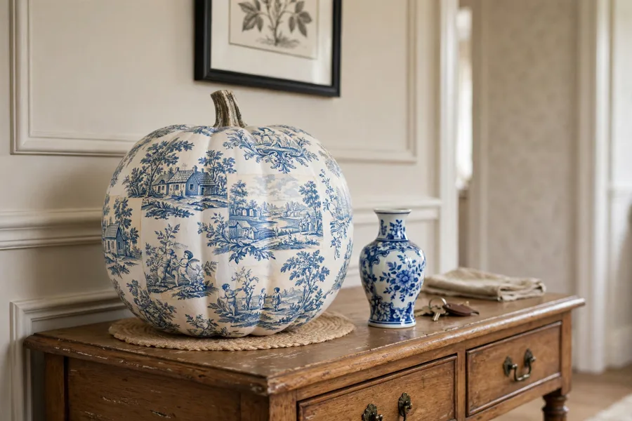 Blue toile decoupage pumpkin beside a vase