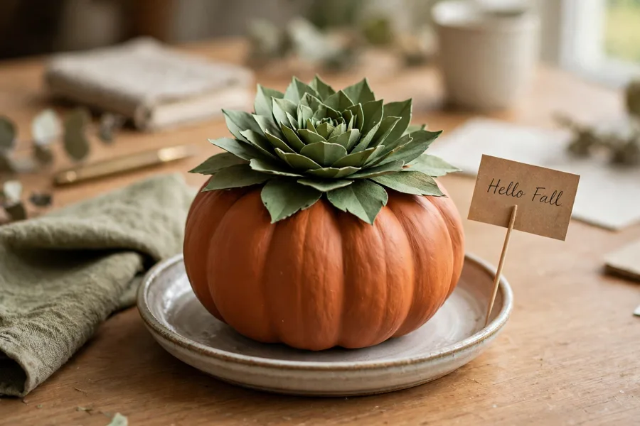 Pumpkin painted like a plant pot with a paper succulent