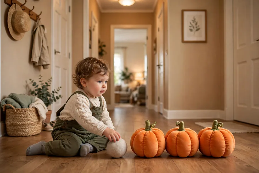 Toddler bowling with soft plush pumpkins