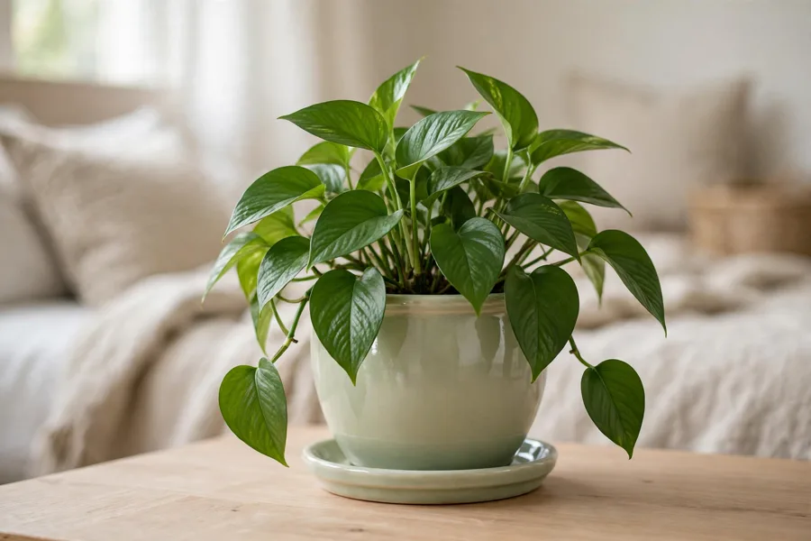 Leafy plant in a ceramic pot with saucer