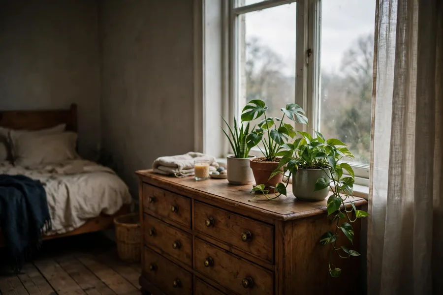 Plants grouped near a north-facing window