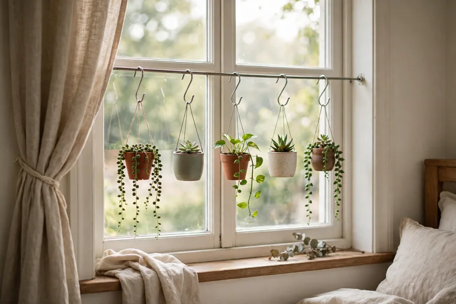 Small pots hanging from a tension rod in a window