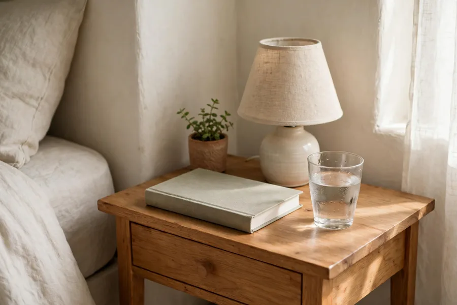 Tiny potted plant on a nightstand