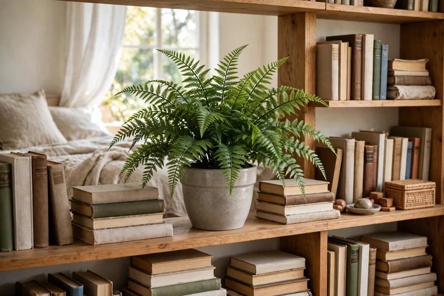 Faux fern on a bedroom bookshelf