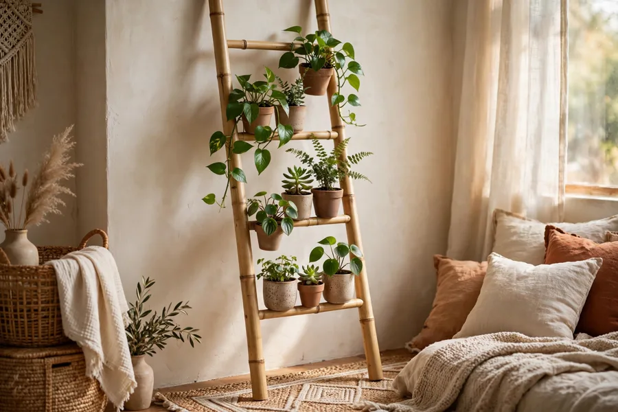 Plants clustered on a bamboo ladder stand