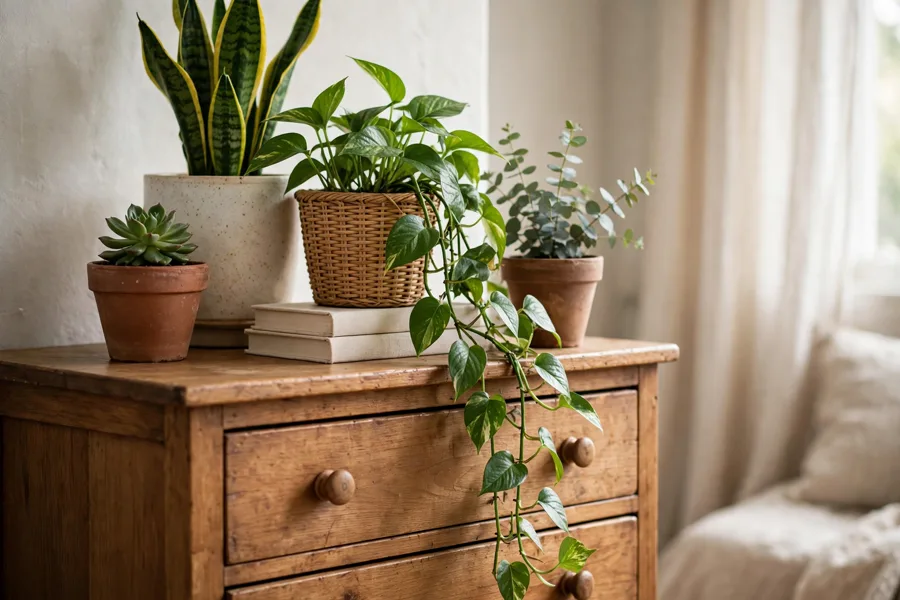 Clustered plants at different heights on a bedroom dresser