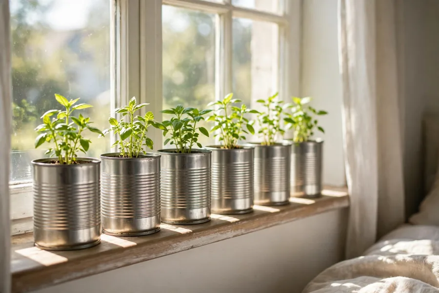 Small plants growing in cleaned tin cans
