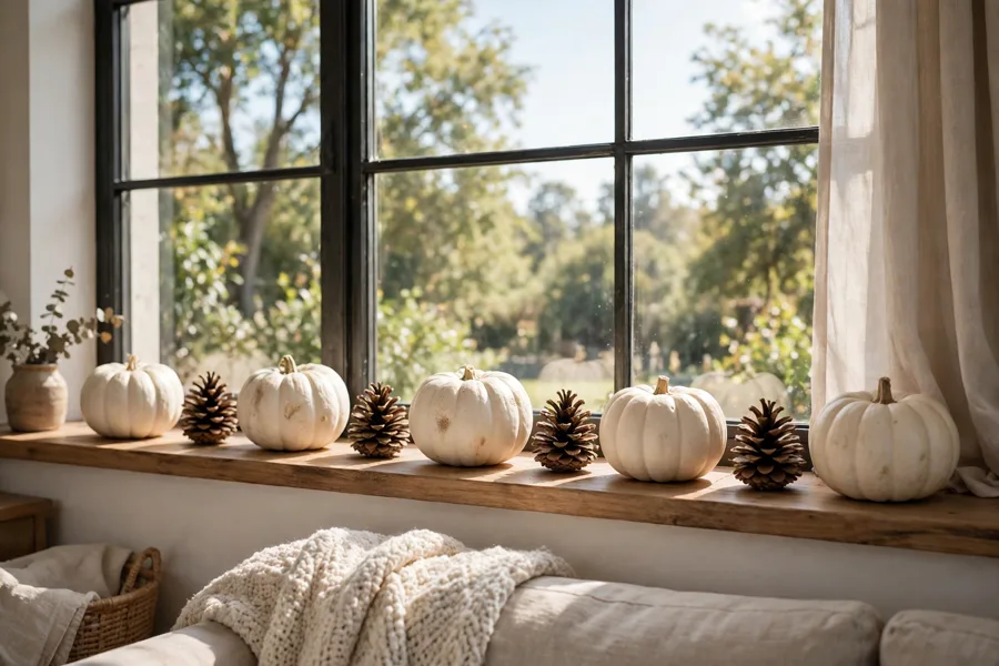 White pumpkins in a row on a windowsill