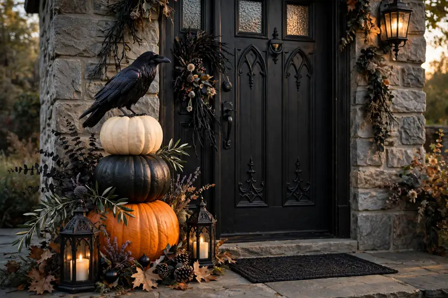 Stacked pumpkins with a black raven on top