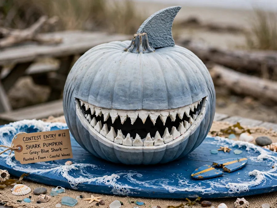 Shark pumpkin entry on a blue ocean board