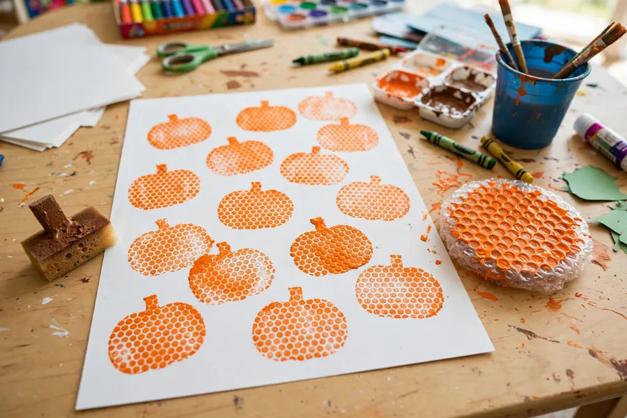 Bubble wrap pumpkin prints on paper