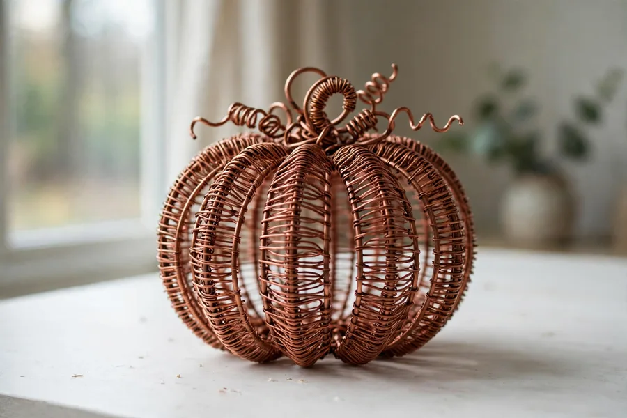 Wire pumpkin sculpture on a table