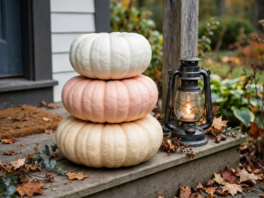 Stacked blush and cream pumpkins on a porch