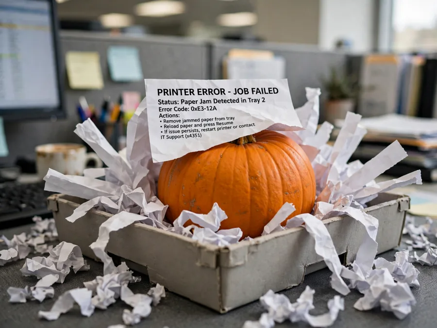 Pumpkin in a cardboard tray dressed as a printer jam