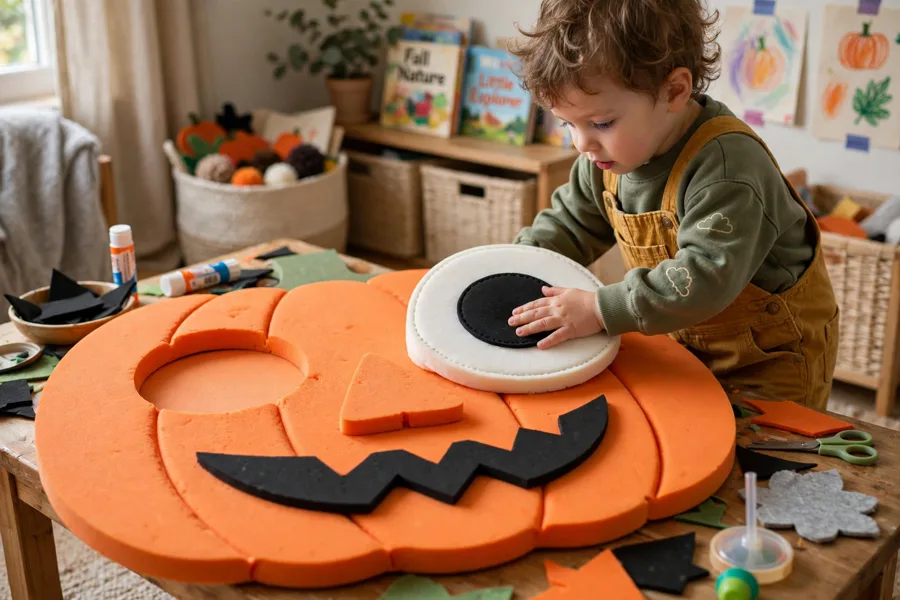 Toddler pressing big foam shapes onto a pumpkin board