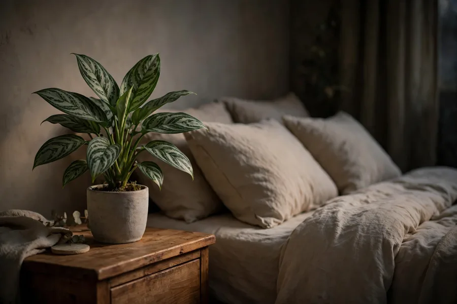 Chinese evergreen on a nightstand