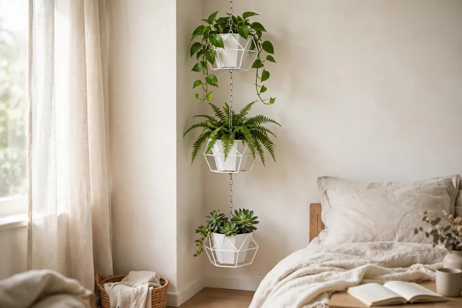 Chain of hanging planters cascading down a corner