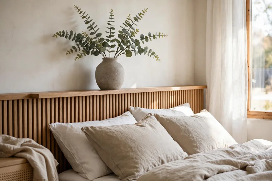 Faux eucalyptus stems in a bedside vase