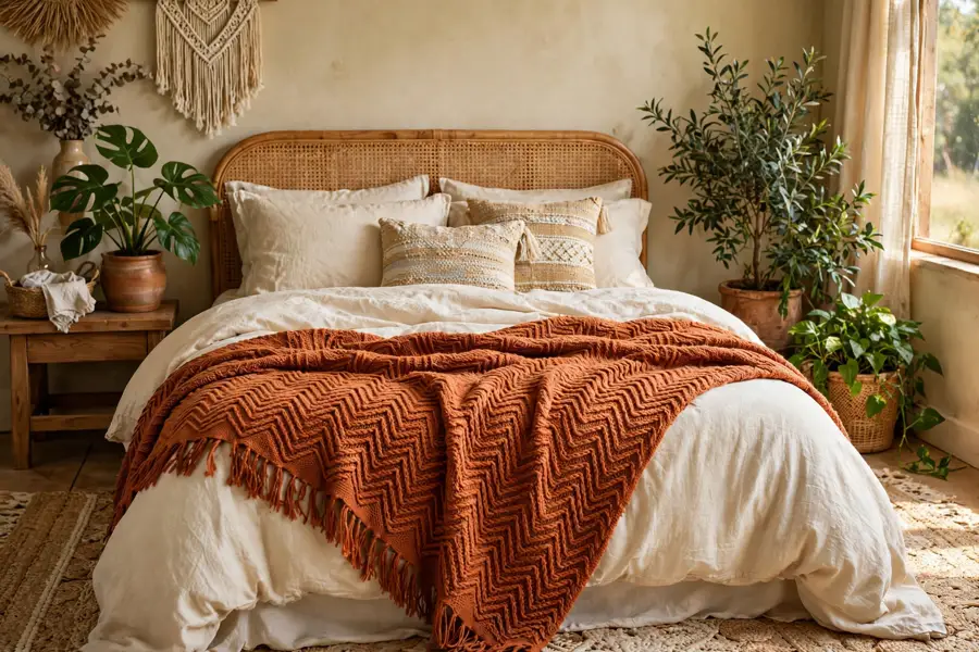 Rust and cream textiles with green plants