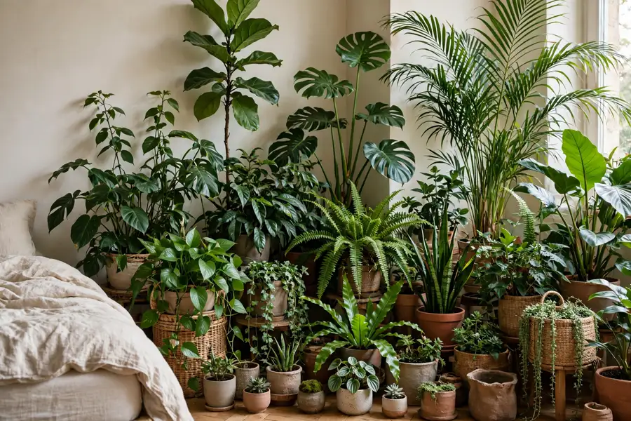 Bedroom corner packed with layered green plants