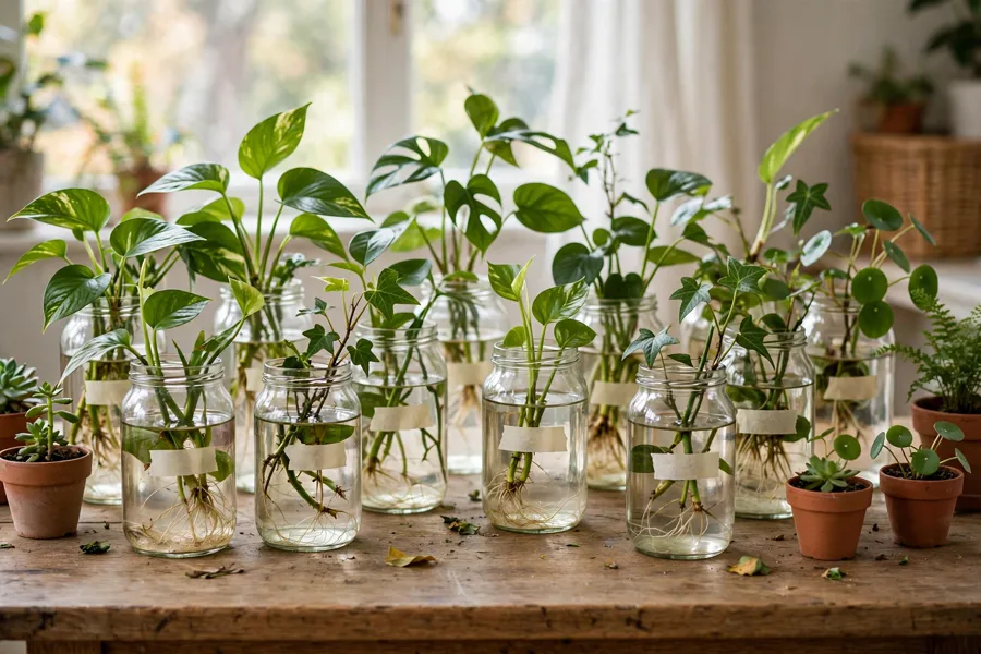 Rooted cuttings in jars on a plant swap table