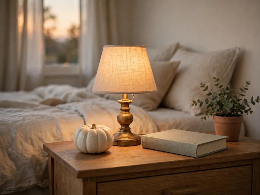 Mini pumpkin beside a lamp on a nightstand
