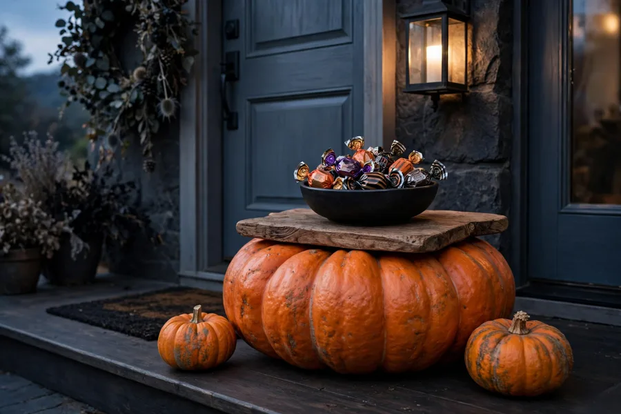 Candy bowl resting on a wide pumpkin pedestal