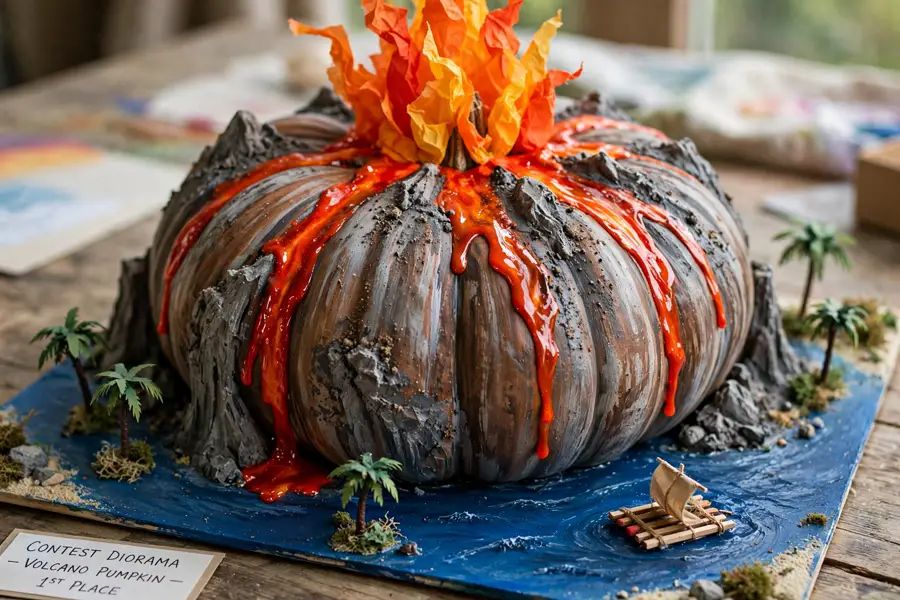 Volcano island pumpkin entry with palm trees