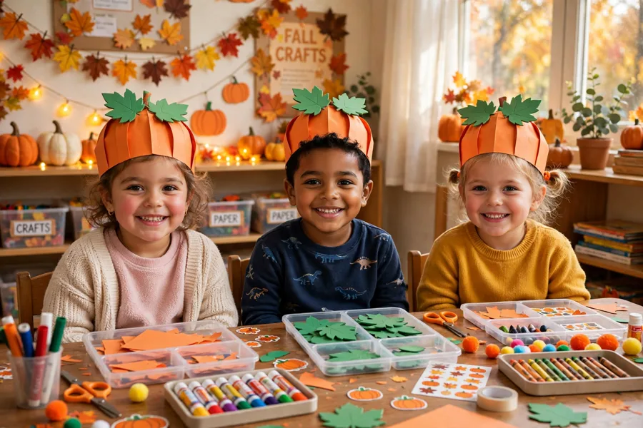Preschoolers wearing orange pumpkin party hats