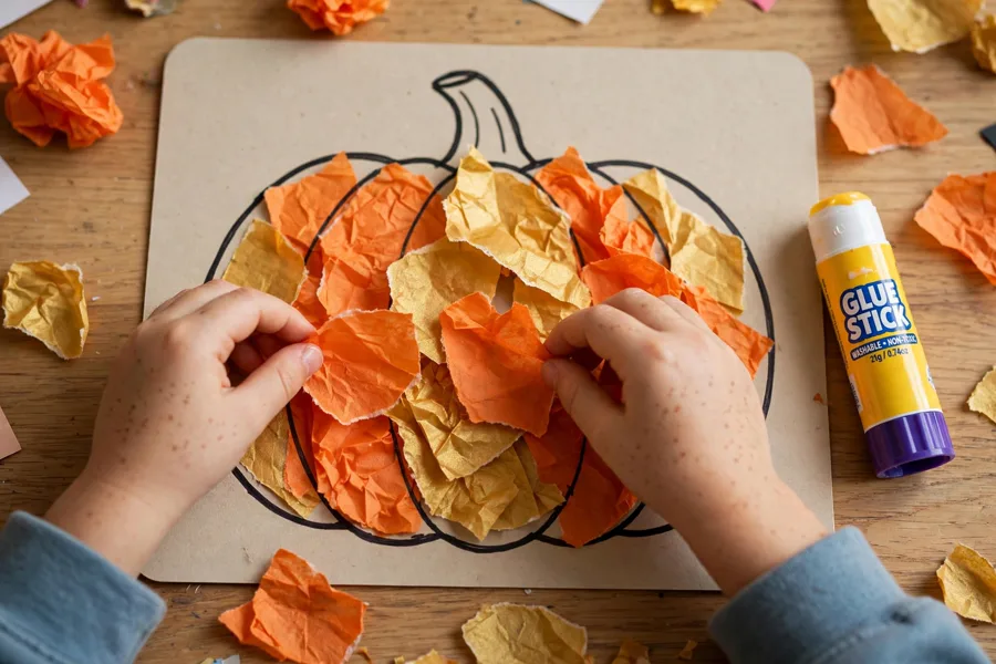 Child layering torn paper on a pumpkin collage