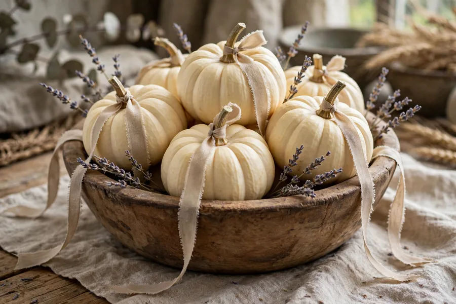 Wooden bowl of mini pumpkins with ribbon tails