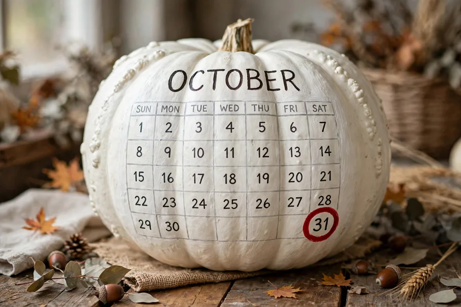 White pumpkin painted as an October calendar page