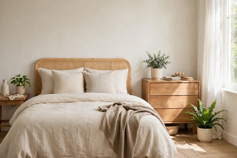 Matching pots with green plants in a bedroom