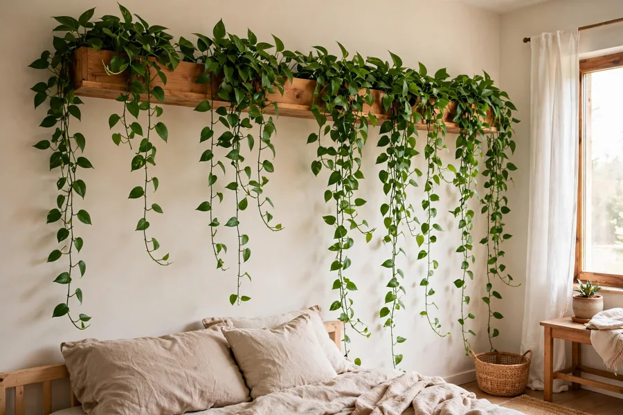 Trailing plant spilling over a high wall shelf