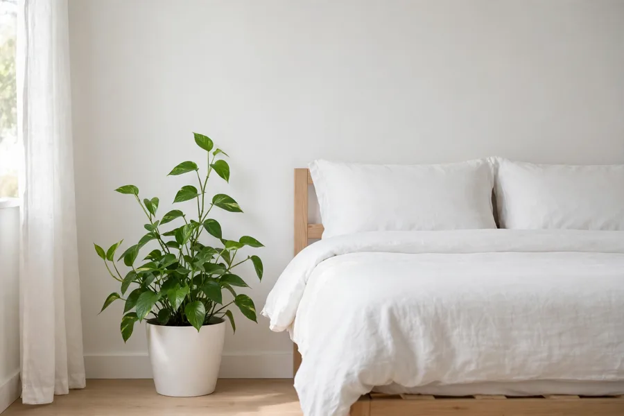 Green plant in a white pot against a wall