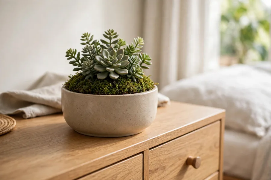 Faux plant in a ceramic pot with moss