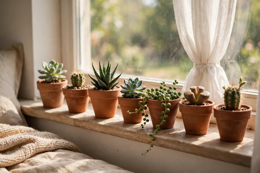 Small clay pots on a bedroom windowsill