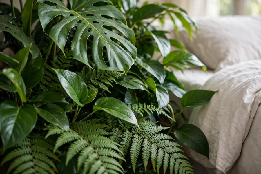 Mixed leaf shapes layered beside a bed