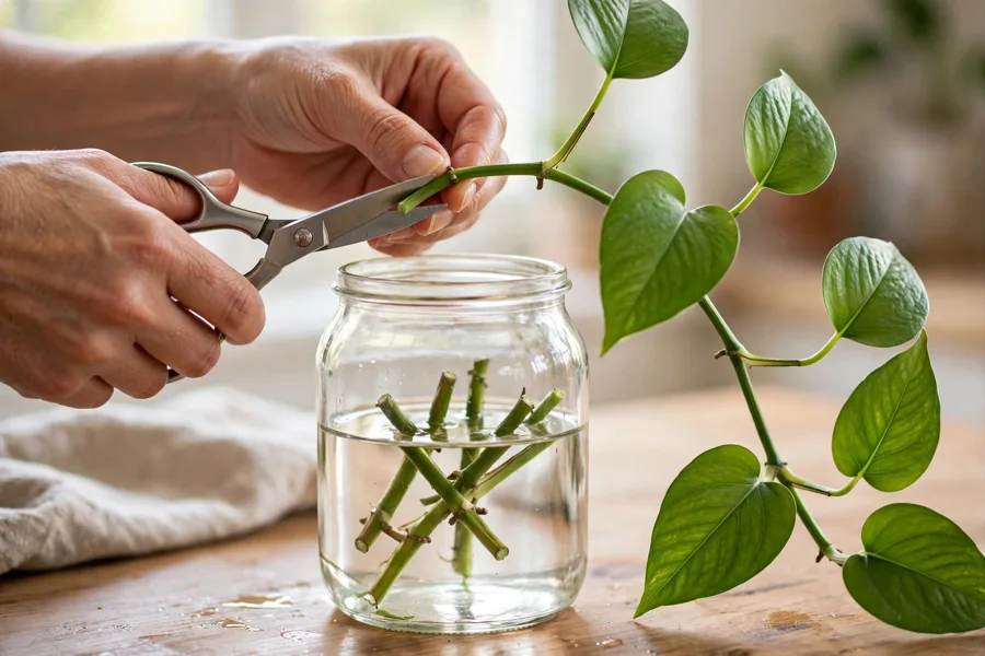 Hands trimming a pothos stem over a jar