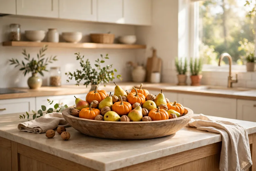 Wooden bowl of mini pumpkins and pears on a kitchen island
