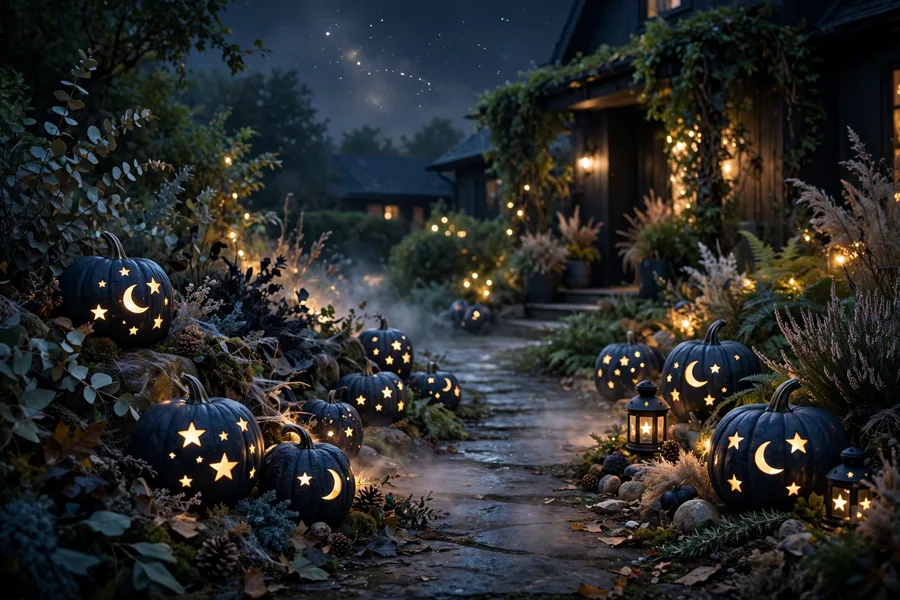 Dark pumpkins with glow in the dark stars along a garden path