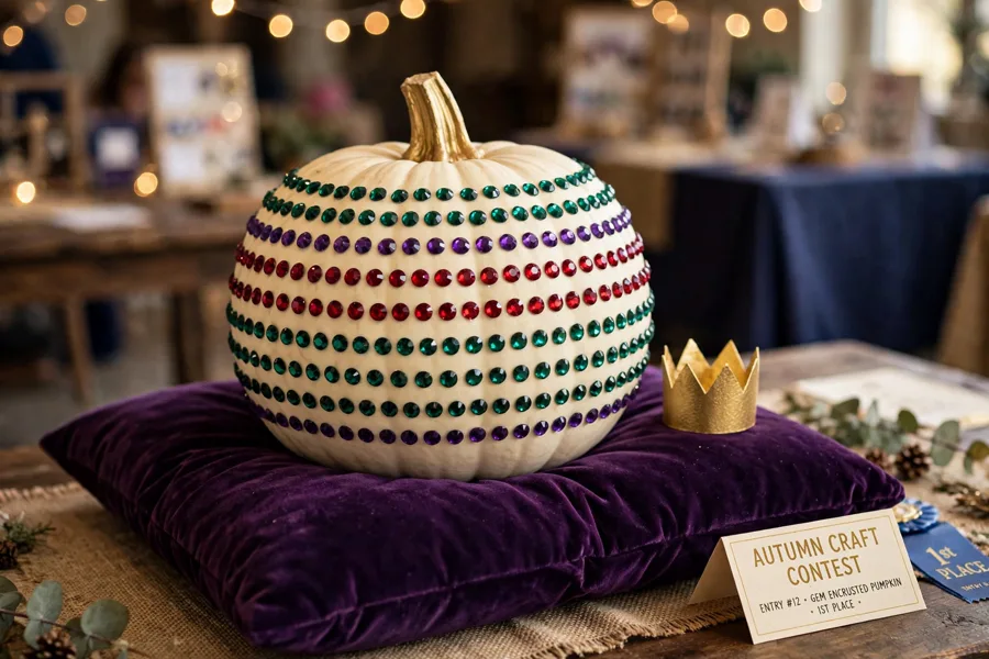 Pumpkin covered in colorful jewels on a velvet cushion