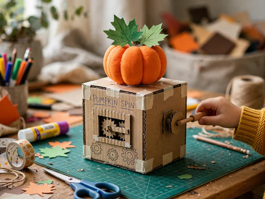 Cardboard pumpkin automaton with bobbing paper leaves