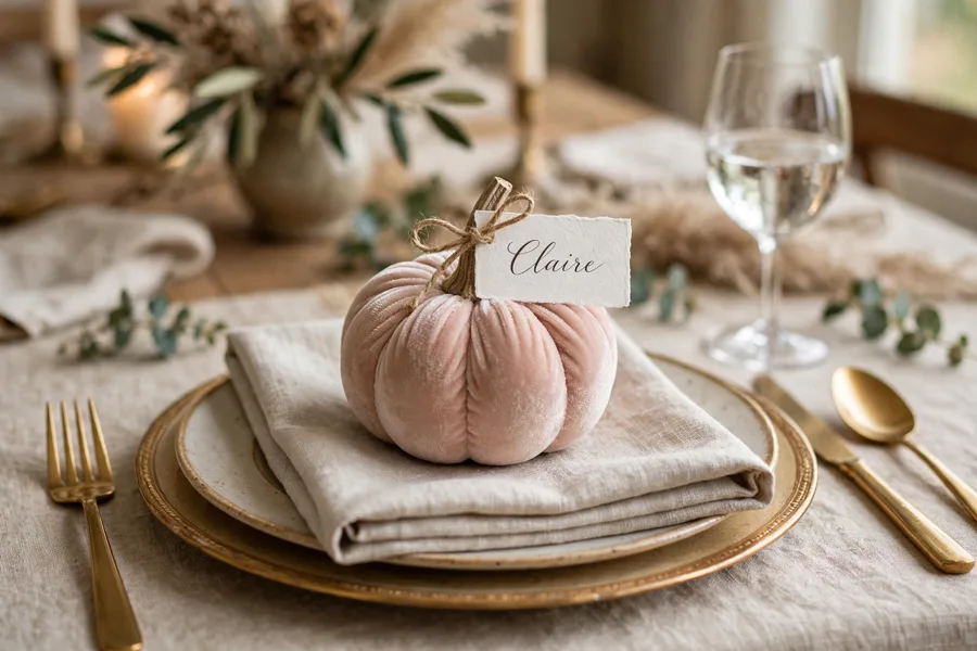 Place setting with a mini velvet pumpkin