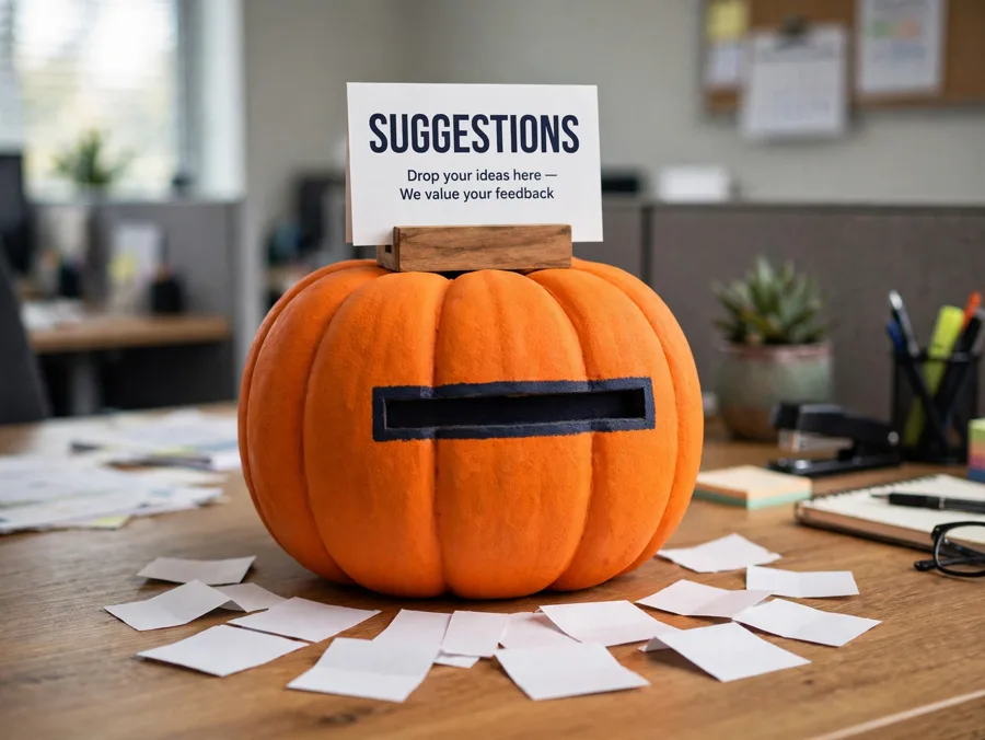 Pumpkin decorated as an office suggestion box with paper slips