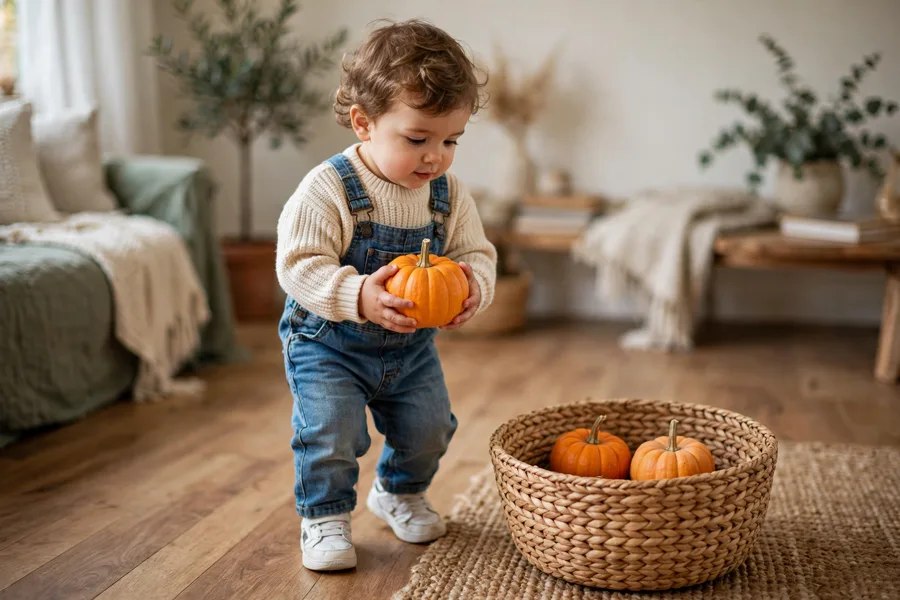 Toddler carrying a mini pumpkin to a basket