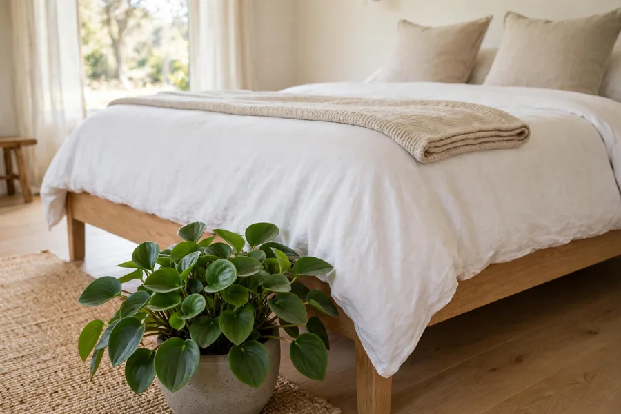 Leafy plant on the floor by a bed