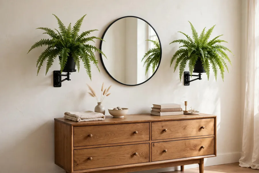 Ferns in wall brackets beside a bedroom mirror