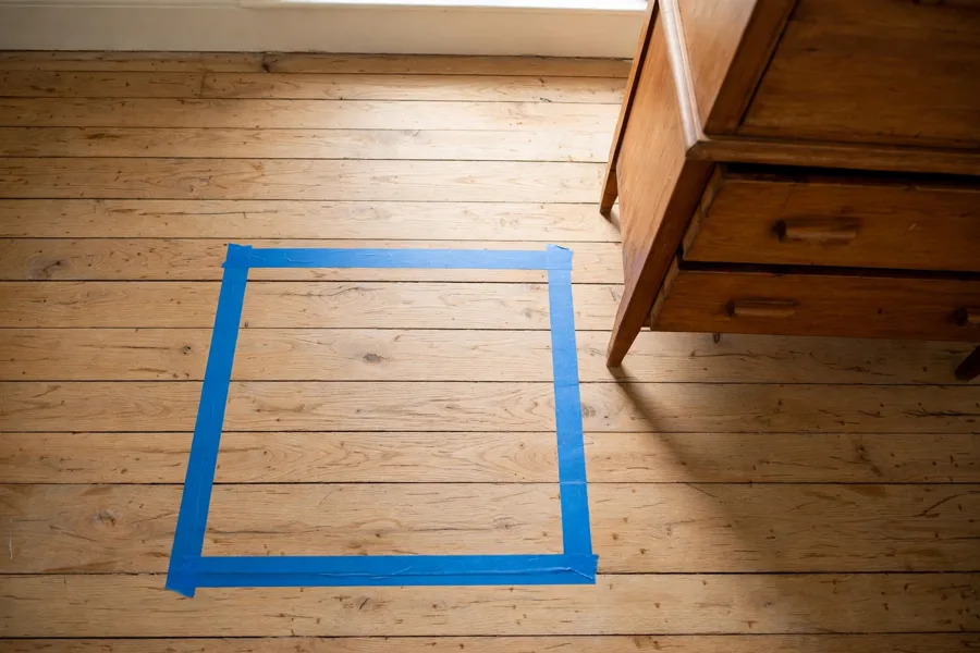 Tape outline on a bedroom floor